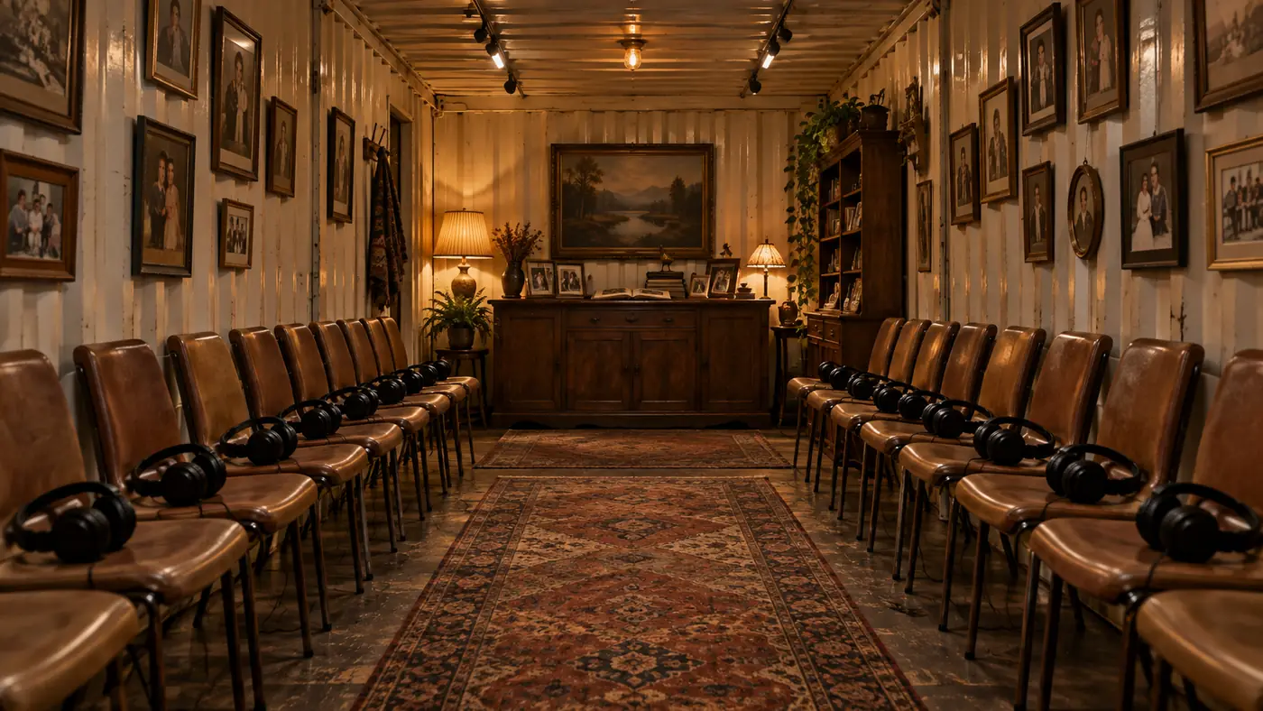 BIRTHRIGHT family room with portraits, seating and headphones