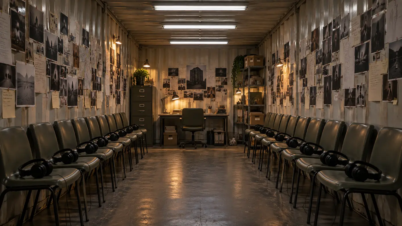 FIXATION investigation room with photographs, seats and headphones