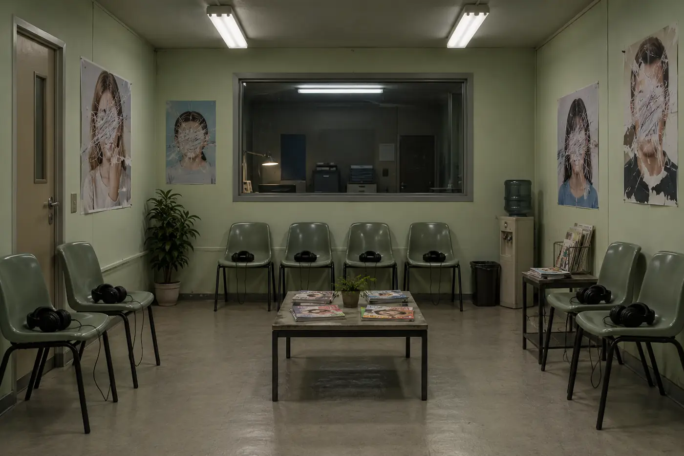 RICTUS waiting room with portraits, seats and headphones