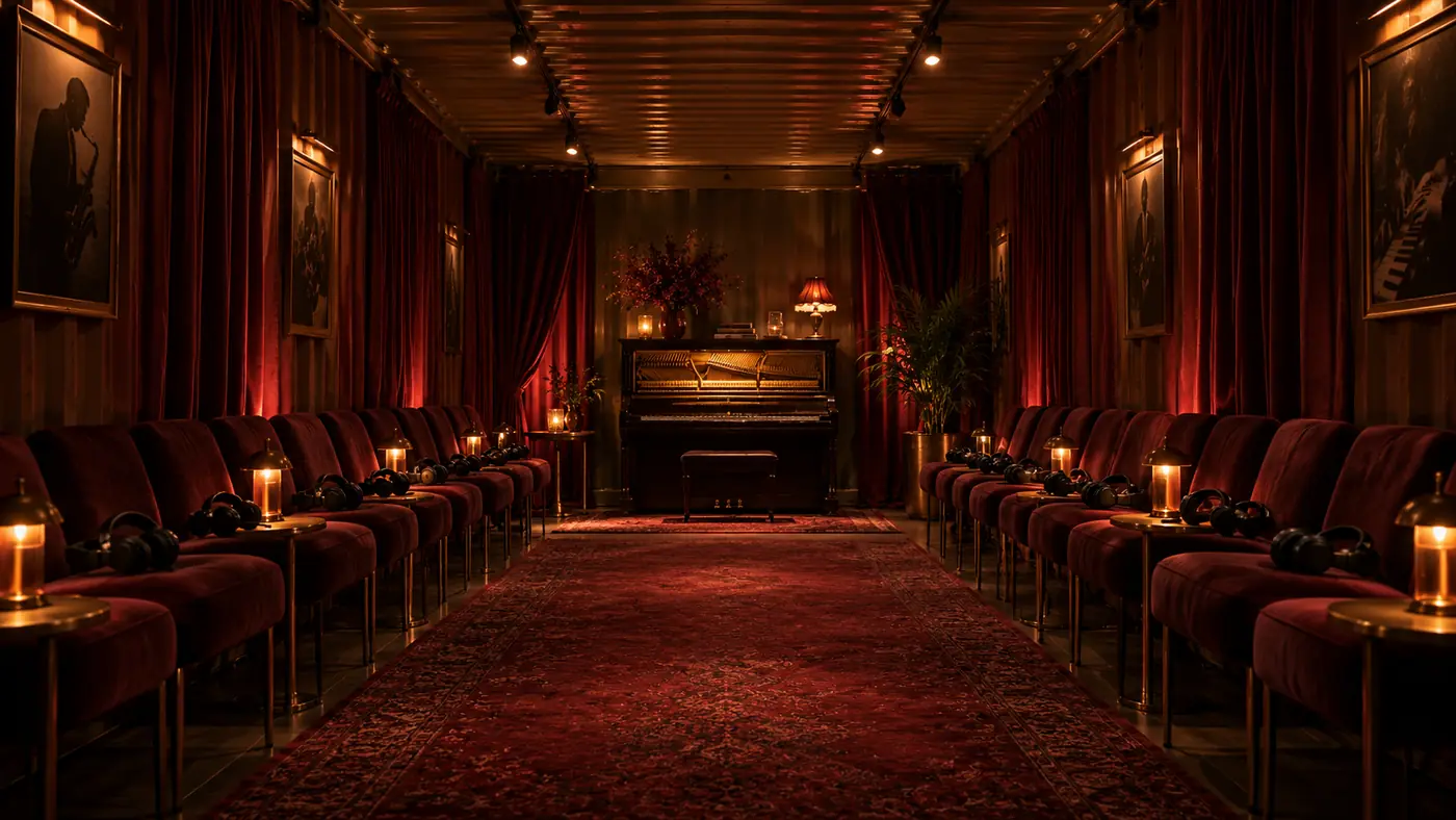 VESPER burgundy music room with seats and headphones